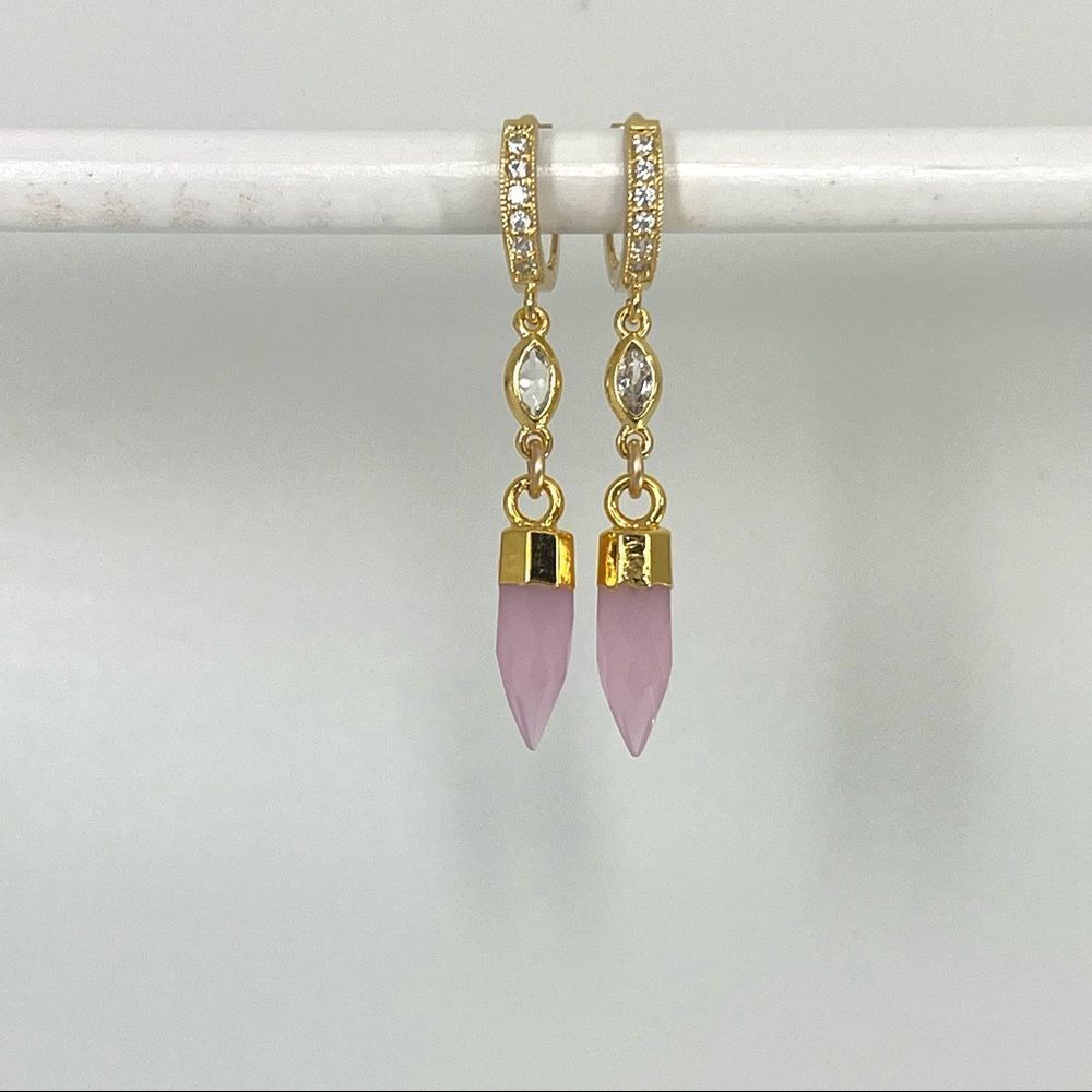 Gold huggie hoop earrings new womens drop dangle earrings with pink chalcedony